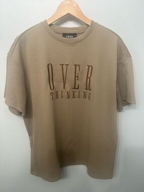 Cider Oversized Beige 'OVERTHINKING' Short Sleeve Graphic Tee
